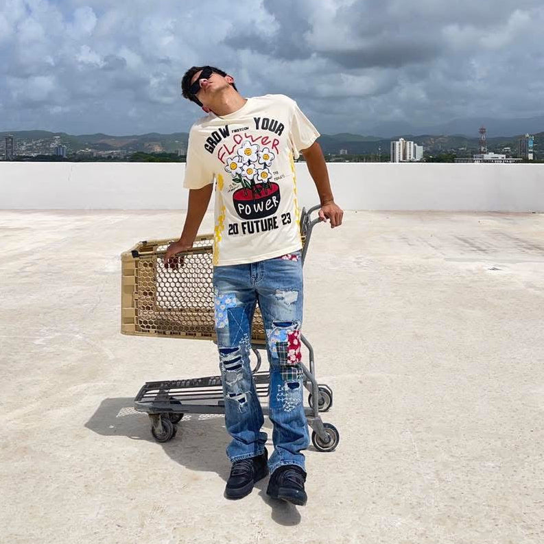 First Row Denim Flor y cuadros Parcheado Slim Flare Denim