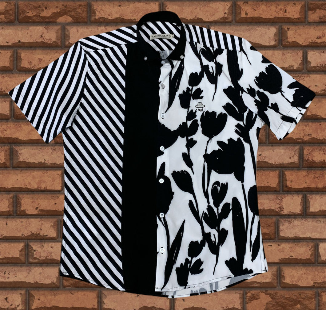 Sambarlot Diagonal Black Striped Shirt And Flowers