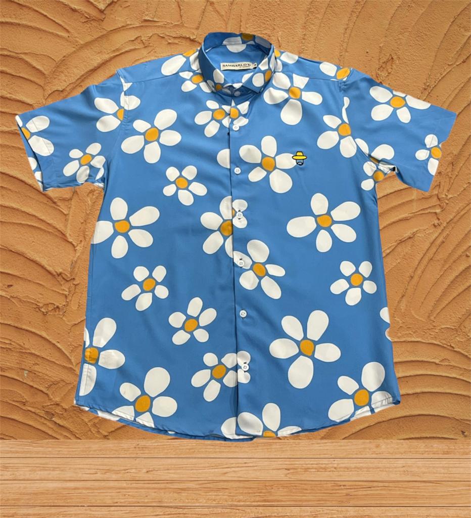 Sambarlot Blue Baby Shirt White Flowers Yellow Dot