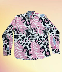 Sambarlot Long Sleeve Pink And Black Shirt With Leaves And Flowers