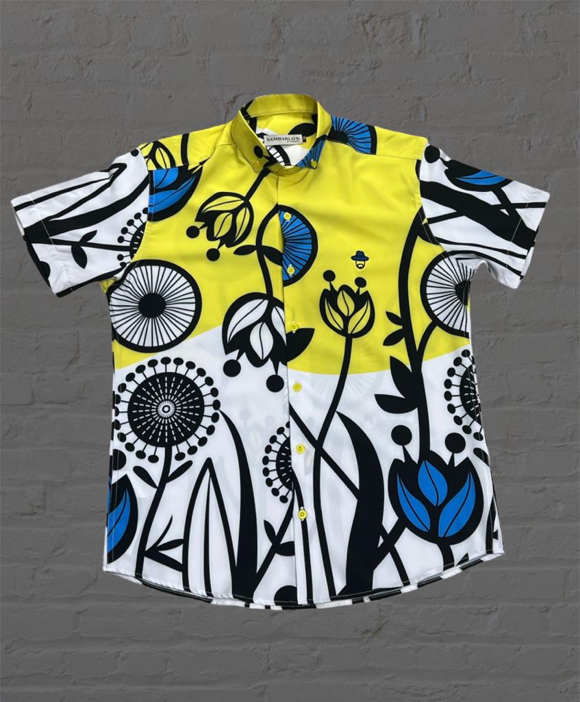 Sambarlot Brito Yellow Flower Shirt With Blue White Background