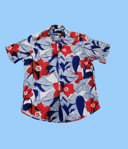 Sambarlot Red Flower Shirt,Blue Leaves